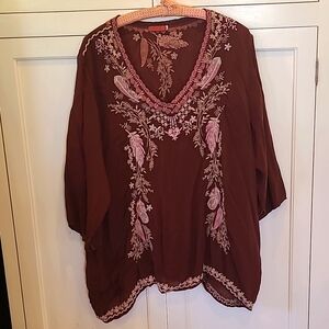 Johnny Was brown feather embroidered tunic top 2X
